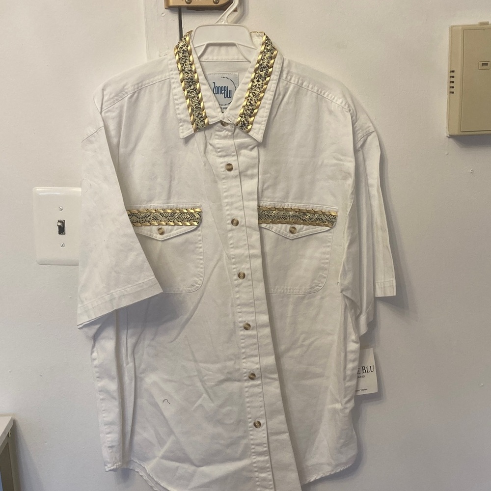 Elegant White and Gold Women's Button Down Shirt